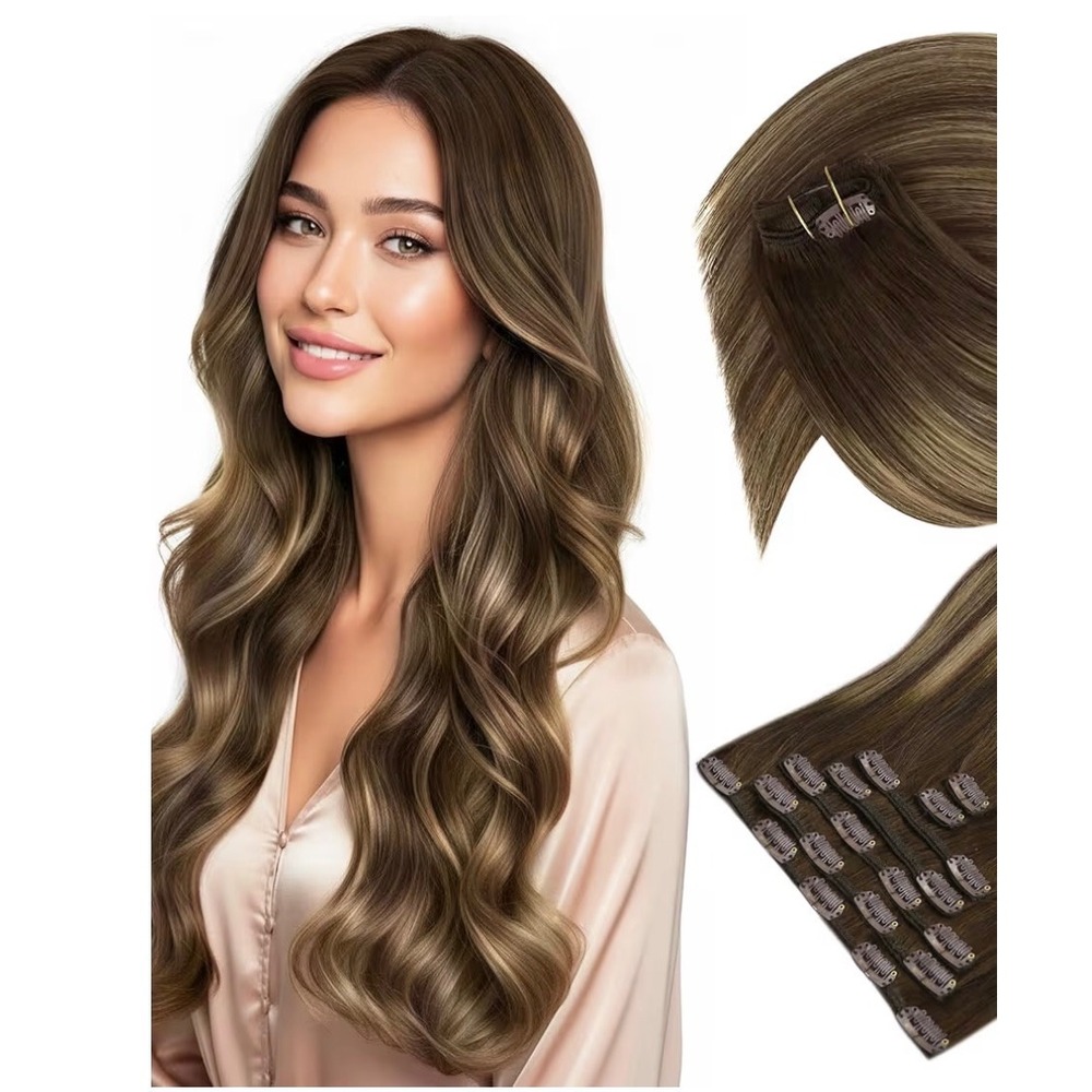 Sunny Hair Clip Hair Extension 120g Medium Brown Balayage Caramel Blonde 18 Inch